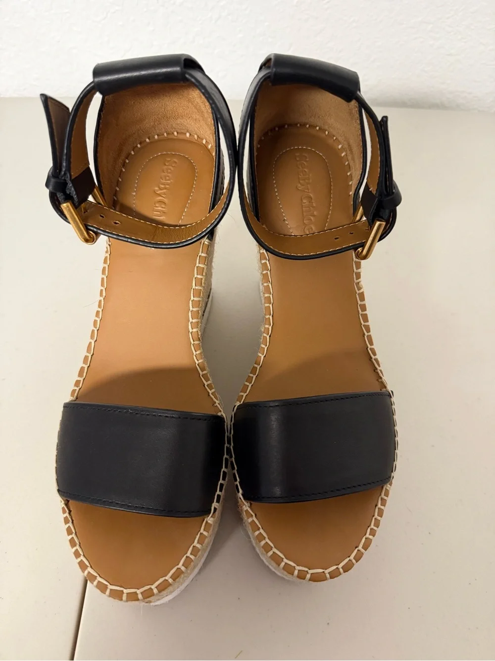 See By Chloé Glyn Black Leather Espadrille Wedge Sandals Size 8 / 38
